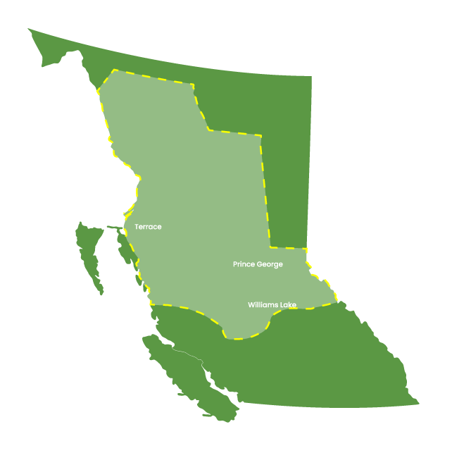 British Columbia Service Area Map, with Terrace, Prince George, and Williams Lake indicated.