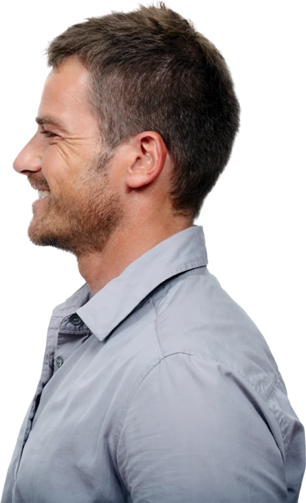 Side profile of a man smiling