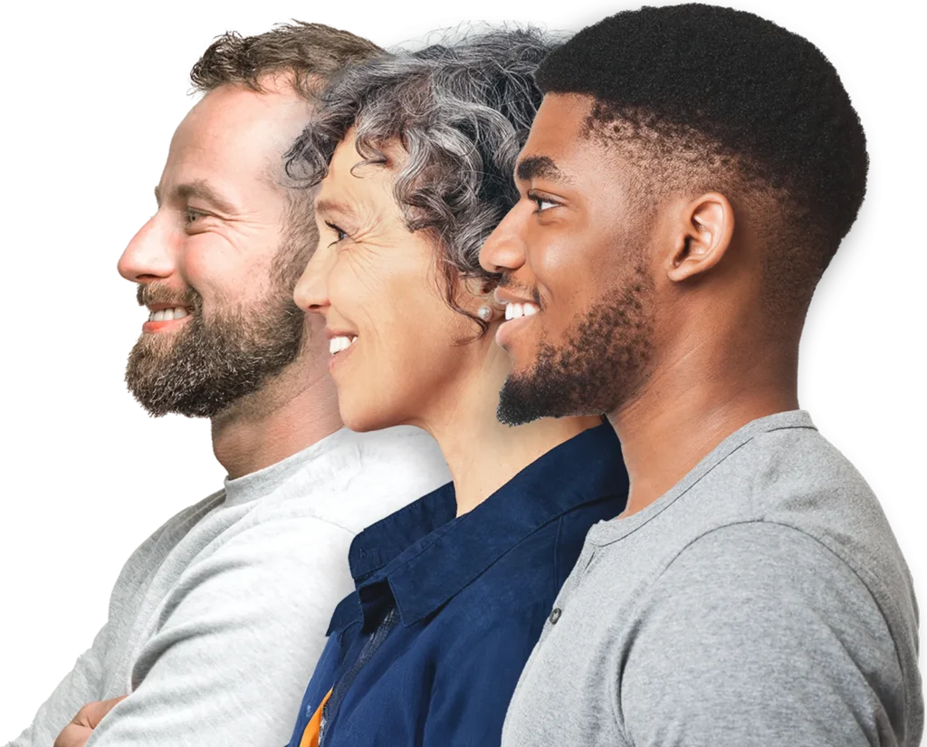 three individuals of different backgrounds smiling and looking left